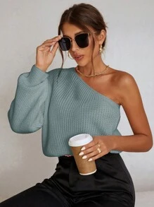 EURMUSE Women's Solid Color One Shoulder Long Sleeve Loose Pullover Sweater - Teal Blue - View 6