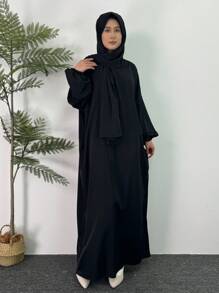 Váy cầu nguyện khiêm tốn có mũ trùm đầu tay áo xếp nếp cho nữ áo choàng dài tay màu trơn abaya váy Ả Rập - màu đen - Xem 1