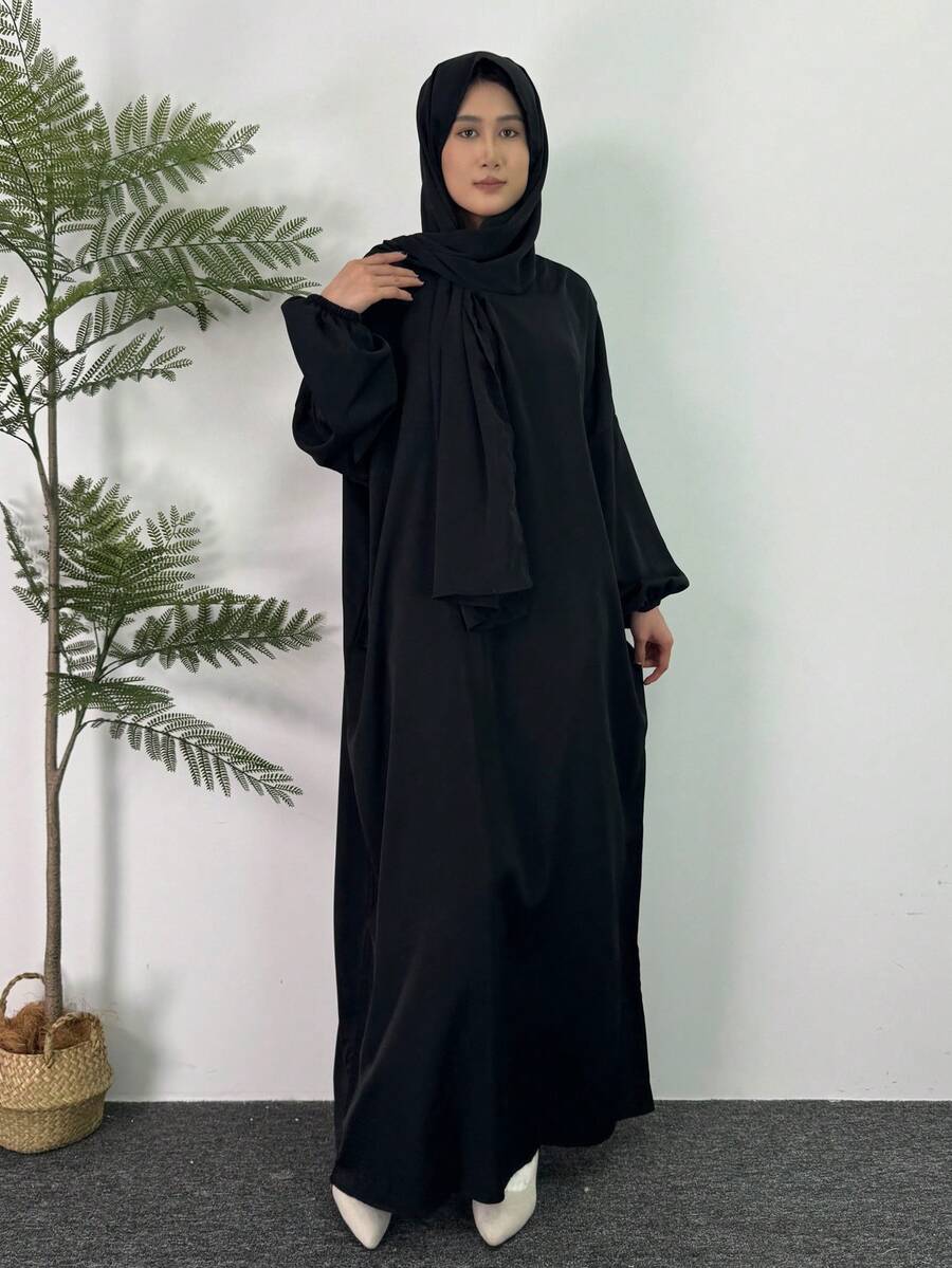 Váy cầu nguyện khiêm tốn có mũ trùm đầu tay áo xếp nếp cho nữ áo choàng dài tay màu trơn abaya váy Ả Rập - màu đen - Xem 1