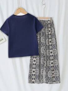 Tween Girl Simple Långbyxor Kortärmad Casual Homewear Set - Marinblå - Visa 2