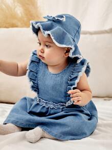 SHEIN Váy denim màu xanh xuân hè dành cho bé gái có thêu, kèm mũ, dễ thương, thanh lịch và lộng lẫy, thích hợp để mặc hàng ngày và những dịp bình thường - Màu xanh lam - Xem 3