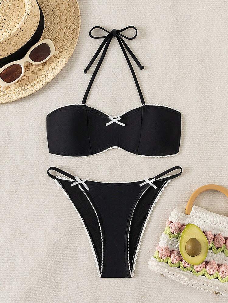 Women's Solid Color Bikini Set With Bow Decoration, Halter Neck Tie, And Separated Bathing Suit, Summer Beachwear, 2pcs