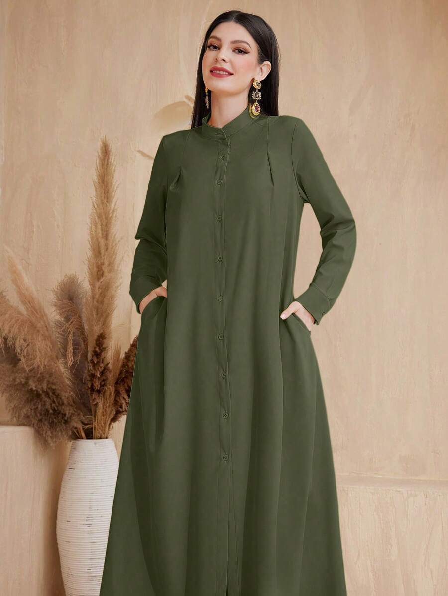 Mulvari 女式休閒長袖阿拉伯風格連衣裙，單排鈕扣設計