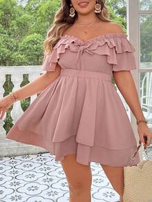 SHEIN Clasi Plus Size Summer Simple Ruffle Ruffle Hem Romper - Dusty Pink - View 7