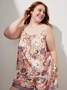 LUVLETTE Women Plus Floral Pattern Satin Cami And Short Pajama Set Lounge Set Lingerie - Coral Orange - View 2