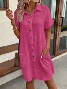 SHEIN LUNE 女士簡約舒適寬鬆棉麻襯衫連衣裙，配有雙口袋 - 玫紅色 - 查看 3