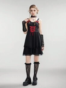 SHEIN Teenage Girls' Double Layered Dress With Bow Decoration, Cross Tie Back And Chest Cups