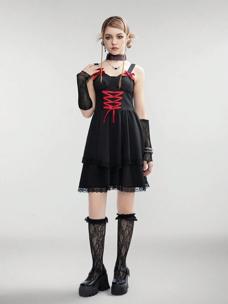 Teenage Girls' Double Layered Dress With Bow Decoration, Cross Tie Back And Chest Cups