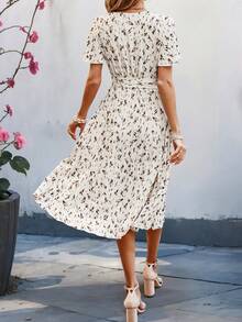 Zufällig Bedruckten Plissierten Saum Midi-kleid - Aprikosenfarben - Übersicht 2