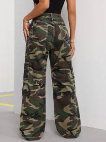 SHEIN ICON 女裝迷彩寬腿工作牛仔褲，側口袋，寬鬆休閒 - 軍綠色 - 查看 2