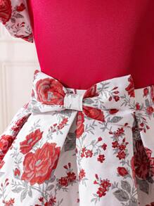 Young Girl Mommy And Me Matching Outfits Summer,7th Birthday Color Block Round Neck Top Textured Puff Sleeves Jacquard Pleated Skirt Set(2 Pcs Sold) - Red - View 7