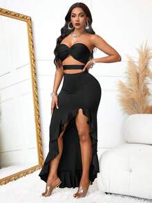 女士性感Y2K迷你不規則黑色空心露肩裙 - 黑色 - 查看 3