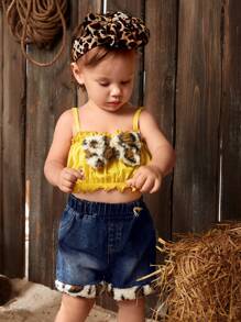 SHEIN 2入組嬰兒女裝春夏美式西部風格假期黃色上衣豹紋毛絨蝴蝶時尚休閒套裝 - 彩色 - 查看 4