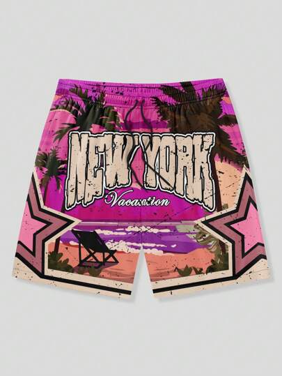 Street Life Men's Palm Tree & Letter Graphic Drawstring Waist Loose Fit Casual Shorts, School