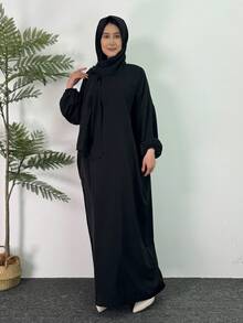 Váy cầu nguyện khiêm tốn có mũ trùm đầu tay áo xếp nếp cho nữ áo choàng dài tay màu trơn abaya váy Ả Rập - màu đen - Xem 5