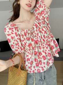 Flirla Camisa de talla grande informal de verano con cintura ceñida y top con volante con pequeñas flores ditsy