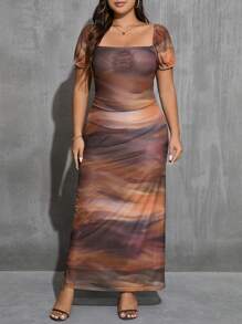 SHEIN Essnce 女士大尺碼雙穿V領印染多色連衣裙 - 彩色 - 查看 4