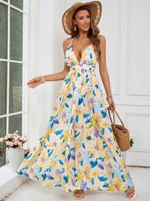 SHEIN VCAY Abito da vacanza con spalline sottili scollatura a V per donna - Multicolore - Visualizzare 3
