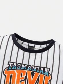 LOONEY TUNES X SHEIN Baby Boy Cartoon Taz Printed Striped Athletic Style Color Block Short Sleeve Romper Set, Summer - White - View 5