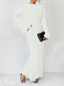 Almamuse Women's Summer Solid Color Slim Fit Long Sleeve Flared Dress Maxi Women Outfit Fall Cloth For Women - White - View 4