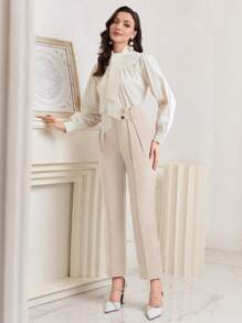 Modelyn Quần dài thanh lịch eo túi giấy trơn màu cho nữ - Màu be - Xem 6