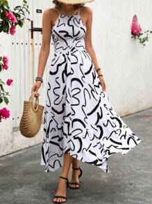 Breezaya Vestido negro y blanco sin mangas con estampado elegante para mujer para vacaciones (estampado aleatorio)