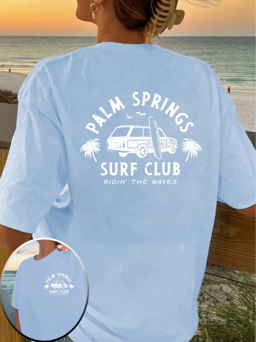 INAWLY 棕榈泉冲浪椰子女孩服装学龄前夏季超大沙滩 T 恤图案 T 恤女式上衣，男女通用 - 藍色 - 查看 1