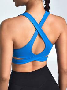 SHEIN Sports Women's Solid Color Back Cross Cutout Crop Tank Top For Sports - Blue - View 1