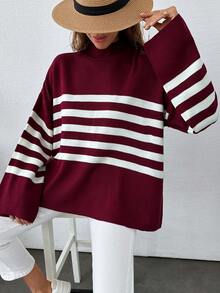 EURMUSE Jersey con patrón de rayas de hombros caídos - Burdeos - View 4
