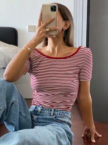 Livesso Women's Striped Square Neck Short Sleeve Slim Fit T-Shirt With Large Open Back, Summer,Halter Top