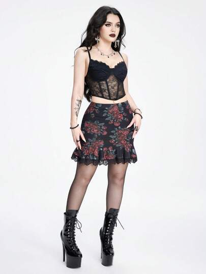 Goth Jupe mi-longue imprimée de vigne de roses pour femmes