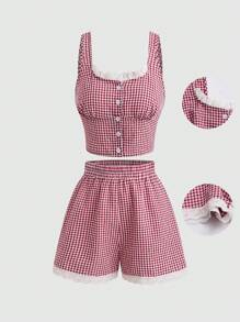 SHEIN Unity Conjunto Casual de Dois Peças: Top Camisole Xadrez Impresso Com Detalhes de Renda e Shorts de Cintura Elástica com Estampa Xadrez Impressa - Vermelho - Visão 1