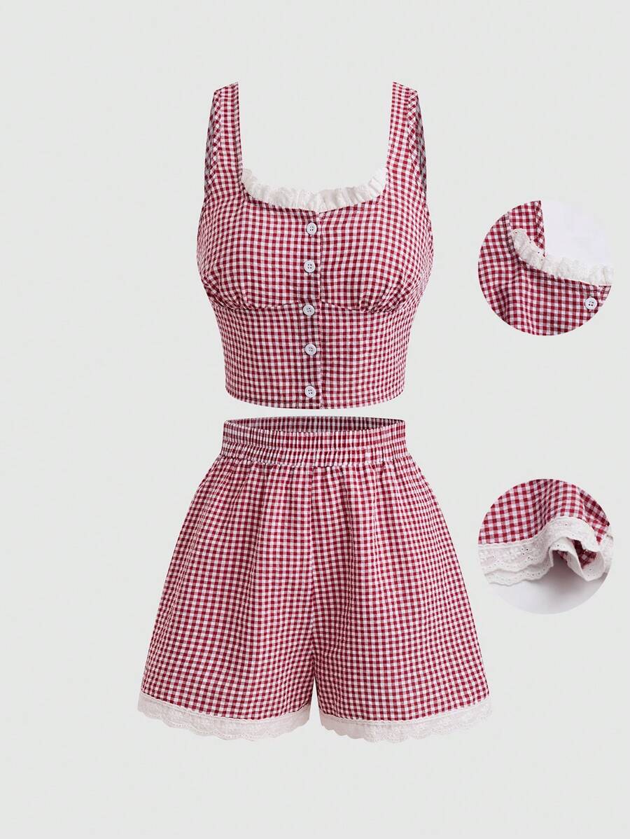 SHEIN Unity Conjunto Casual de Dois Peças: Top Camisole Xadrez Impresso Com Detalhes de Renda e Shorts de Cintura Elástica com Estampa Xadrez Impressa - Vermelho - Visão 1