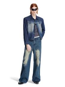 Chillumni Men's Dark Blue Vintage Washed Asymmetric Design Straight Wide-Leg Jeans - Teal Blue - View 7