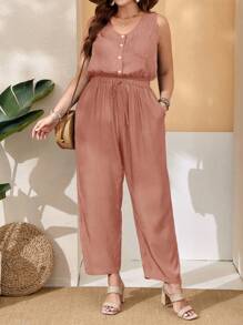 EMERY ROSE Bộ áo liền quần không tay có cúc có kích thước lớn cho mùa xuân - Bụi hồng - Xem 1