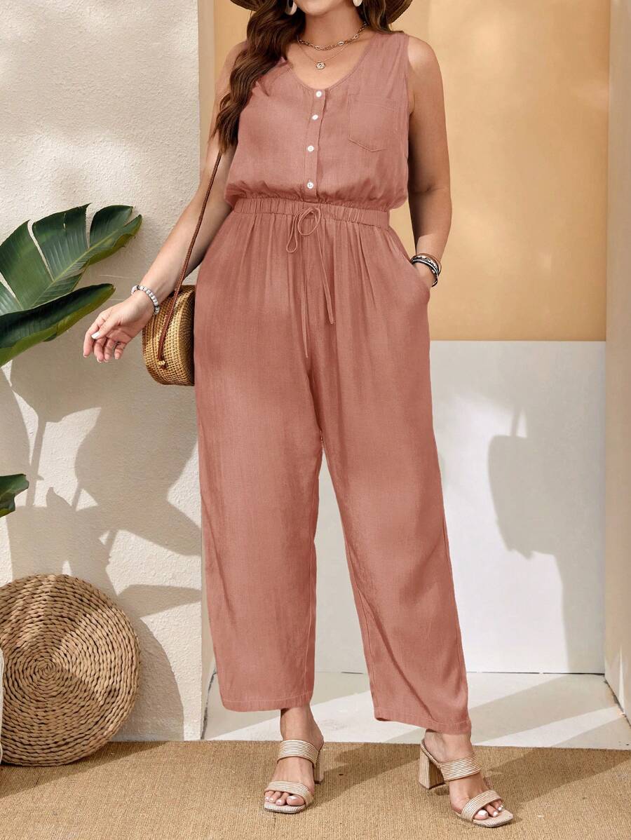 EMERY ROSE Bộ áo liền quần không tay có cúc có kích thước lớn cho mùa xuân - Bụi hồng - Xem 1