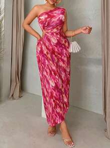 SHEIN SXY 女式中空露背水染褶皺腰裝花卉連身裙，單肩款式，適用於度假 - 彩色 - 查看 6