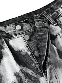 Manfinity Roghcode 男士黑色不对称扎染云朵图案阔腿宽松牛仔裤 - 黑與白 - 查看 11