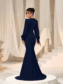 Faeriesty Elegant Cross-Over V-Neck Lantern Sleeve Mermaid Hem Dress - Sophisticated Timeless Design For Spring/Summer Weddings, Galas, Red Carpet Bridesmaid Dress