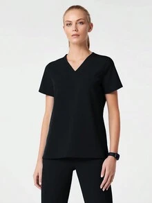 HOMEYEE Bộ đồng phục y tá phẫu thuật áo thun cổ chữ V trơn và quần nỉ cạp rút - màu đen - Xem 4