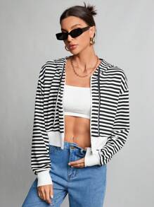 SHEIN Tall Áo hoodie sọc đen trắng có dây kéo - Đen và trắng - Xem 7