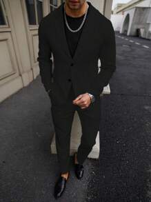 Manfinity Mode Men's Solid Color Buttoned Suit Jacket And Pocketed Dress Pants Business Suit Set - Black - View 4