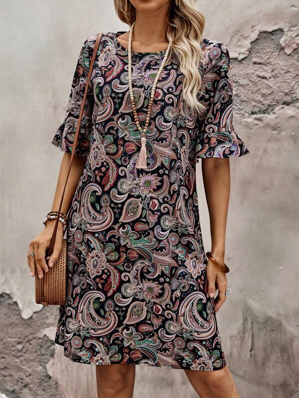 EMERY ROSE Women's Summer Vacation Casual Paisley Print Round Neck Bell Sleeve Dress