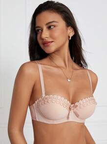 Contrast Lace Bow Front Bra Lingerie - Apricot - View 5