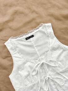 Soleia Women's White Floral Summer Boho Picnic Holiday Vacation Hollow Embroidered Bow Tie Lace Splicing Decoration Wedding Back To School Vest Shirt - White - View 3