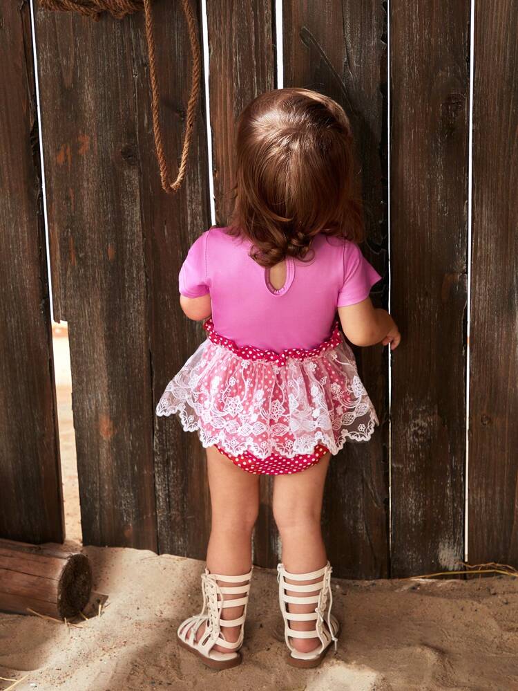 Baby Girls' Spring/Summer New Pink Lace Mesh American Western Cowboy Country Fun Printed Elegant  Gorgeous Cute Daily Casual Bodysuit