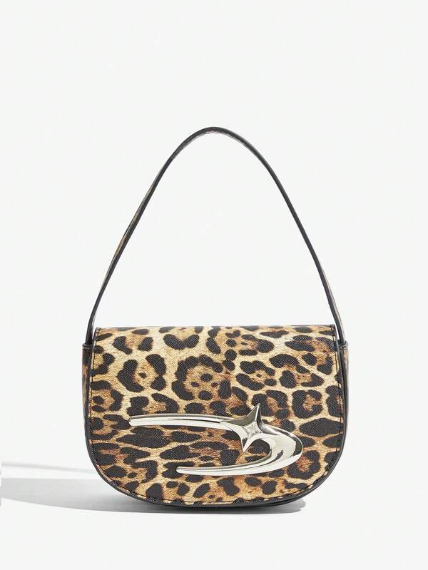 SHEIN X Lucía Bellido SHEIN ICON Borsetta mini alla moda e audace in stile punk Y2K, con design intrecciato e stampa leopardata, borsa con stampa leopardata alla moda