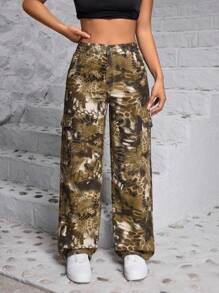 SHEIN PETITE Locker sitzende Damen Jeans mit weitem Bein und geometrischem Muster, Utility Taschen und legere Stil