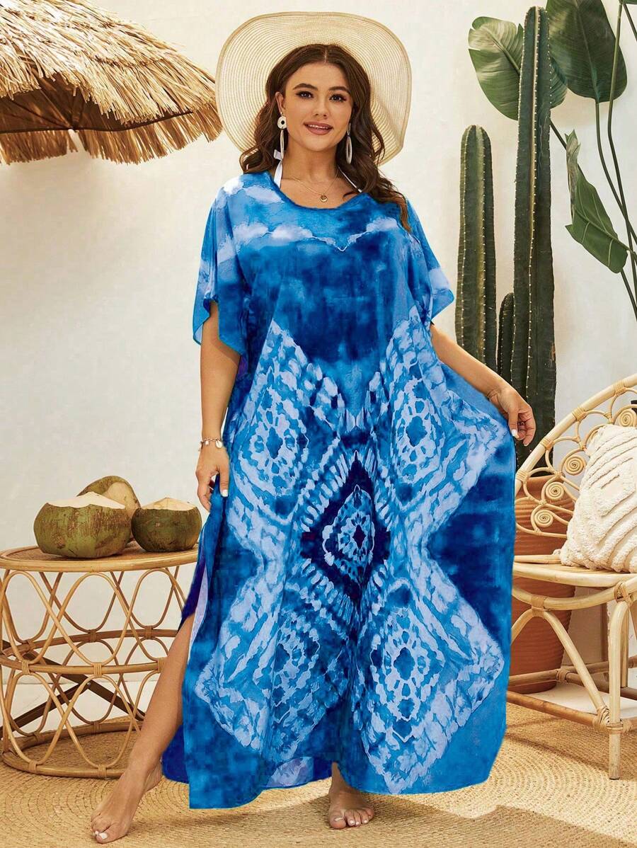 Swim Lushoire Plus Size Tie Dye Printed Round Neck Summer Beach Cover-Up Dress With Side Slits - Blue - View 1