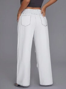 Quần denim có nhiều túi màu thông thường cỡ lớn - trắng - Xem 2